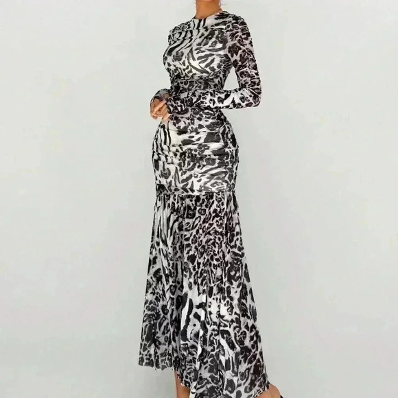 Grey Elegant Women's Mesh Leopard And Zebra Print Asymmetrical Hem Long Dress - Picture 4 of 5